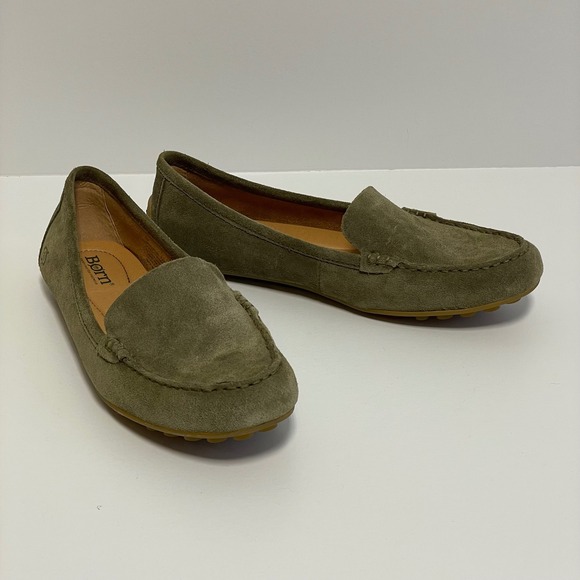 Born Shoes - Born Suede Slip On Loafer Flats‎ Women's Size 8 Olive Green Driving Moccasins